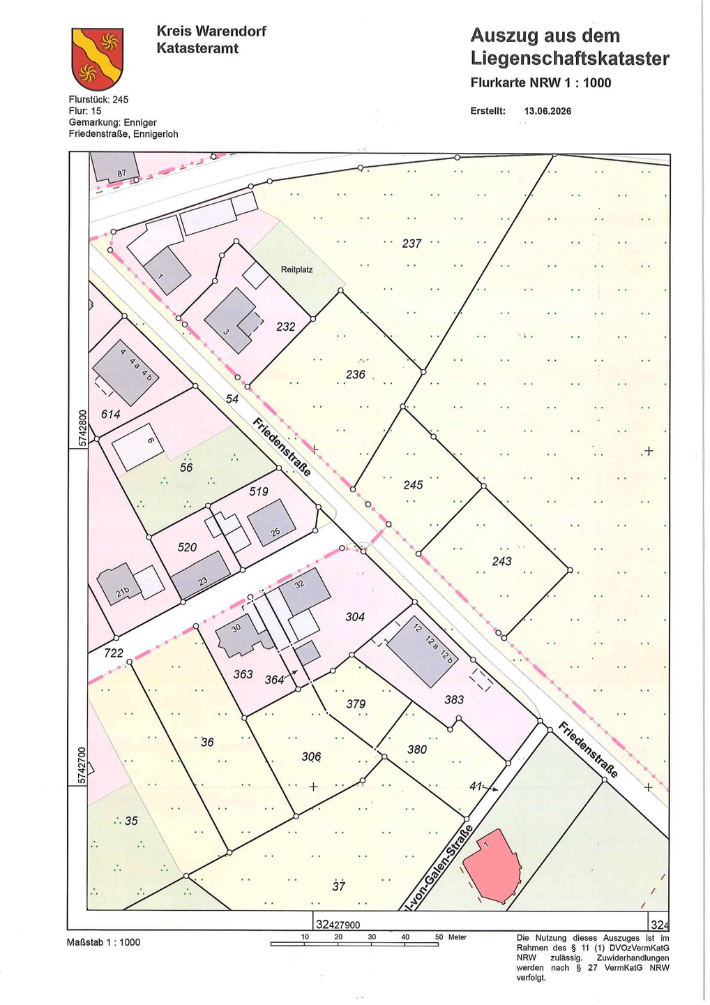 Lageplan neu - Ihr Baugrundstück im Münsterland in traumhafter Allee-Lage in ländlich-romantischer Umgebung